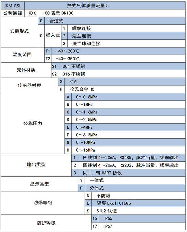 智能熱式氣體質(zhì)量流量計(jì)選項(xiàng)表